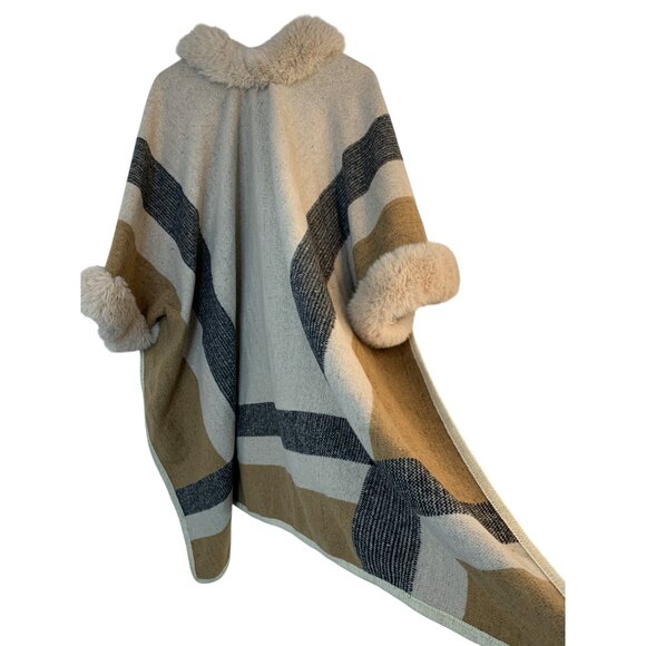 Womens Cliche Plaid Faux Fur Trim Blanket Poncho Tweed S/M RR10731 EUC - Picture 7 of 12